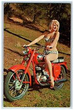 Pretty Woman Postcard Riding Motorcycle JAWA World's Best Two Stroke c1960's picture