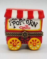 Vintage Porcelain Hinged Popcorn Cart Trinket Box with Mini Buttered Popcorn Bag picture