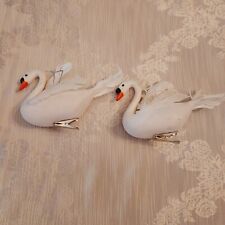 Vintage Flock Clip-On Hanging White Swan Birds Christmas Ornaments Nice Feathers picture