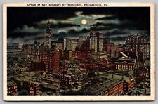 Skyscrapers Moonlight Philadelphia Pennsylvania Birds Eye View Vintage Postcard picture