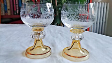 2 Vtg Bohemian Glasses Amber Stem Etched Clear Bowl ~ Theresienthal? picture