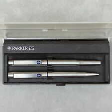 Vintage Parker 25 Arrow Ballpoint & Fountain Steel Blue Pen Set w/ Case England picture