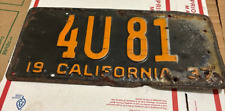 1937 California License Plate - Original 4U 81 picture