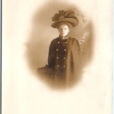 c1910s Victorian Woman Huge Feather Hat RPPC Coat Real Photo Artura Postcard A96 picture