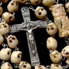 VINTAGE TIBET OXEN BONE SKULL BEADS OWL ROSARY CRUCIFIX CATHOLIC NECKLACE CROSS picture