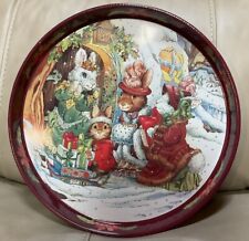 Vintage Tin Christmas Tray Victorian Anthropomorphic Bunny Rabbits With Gifts picture