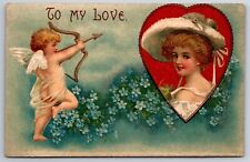 Clapsaddle Valentine~Pretty Lady in Pancake Hat Looks Over Shoulder~Cupid Aims picture