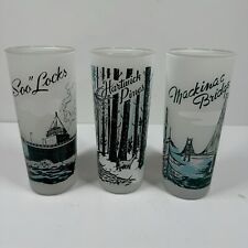3 Vintage Michigan Souvenir Frosted Glasses Tumblers Mackinac Soo Locks Hartwick picture