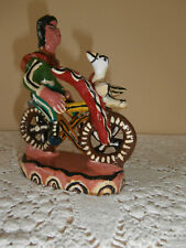 UNIQUE VTG OCUMICHO POTTERY MEXICAN FOLK ART~MAN ON MOTORCYCLE~COLLIDES w/ BIRD~ picture