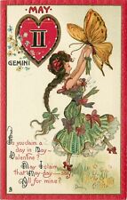 Tuck Zodiac Valentine Postcard 128 A/S Dwig May Gemini Girl & Butterfly picture