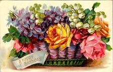vintage postcard- A Happy Birthday basket of flowers embossed picture