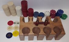 Vintage Wooden Poker Casino Chip Holder Caddy W/ Bakelite Handle and Chip Lot picture
