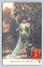 RPPC French Hand Colored Romance Portrait Man Woman Flowers Love Postcard picture