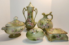 NIPPON Handpainted Reproduction Pink Flowers Green Set W/Lids picture