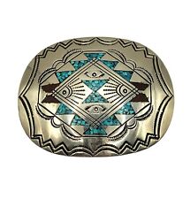 Signed J. Nezzie Navajo Native American Turquoise Coral Inlaid Belt Buckle picture