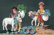 EASTER - Children And Leashed Lambs Easter Greetings PFB Postcard picture