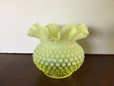 Vintage Fenton Ruffle Edge Hobnail Yellow Opalescent Vaseline Uranium Glass Vase picture