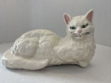 Vintage Large Ceramic Cat  Statue Figurine White Persian Cat Green Eyes MCM picture