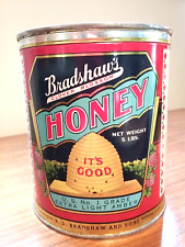 VTG 1939-1940s BRADSHAW'S HONEY TIN 5 LB KEY-WIND CAN w BEE HIVE WENDELL, IDAHO picture