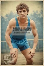 Handsome Wrestler in Blue singlet Smile Bulge Print 4x6 Gay Interest Photo #1122 picture