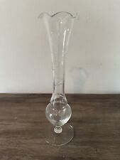 Vintage Glass Etched Floral Wheat Glass 9.5”T Bud Single Stem Vase Pedestal picture