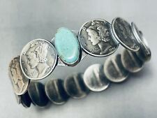 SENSATIONAL NAVAJO SIGNED ROYSTON TURQUOISE 14 MERCURY SILVER DIMES BANGLE picture