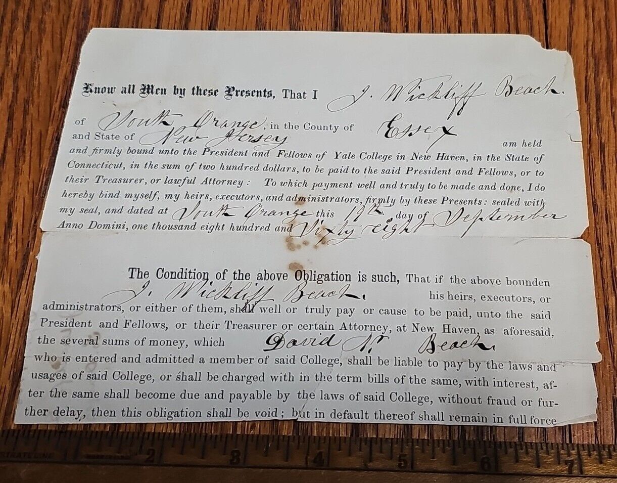 1868 Yale College Paper Receipt JOSEPH WICKLIFF BEACH FOR DAVID N BEACH Ephemera
