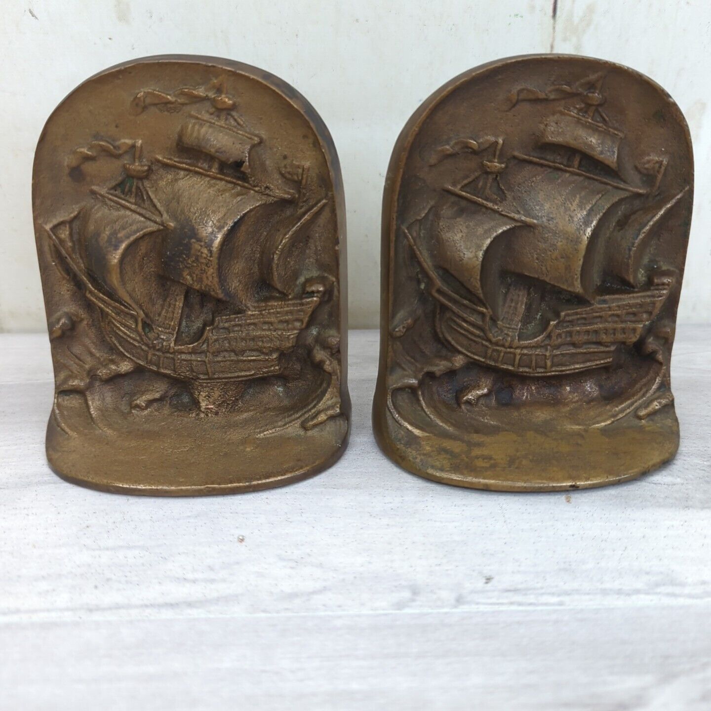 Set Of 2 Vintage Cast Ship Metal Bookend Nautical Clipper Sailboat Snead & Co