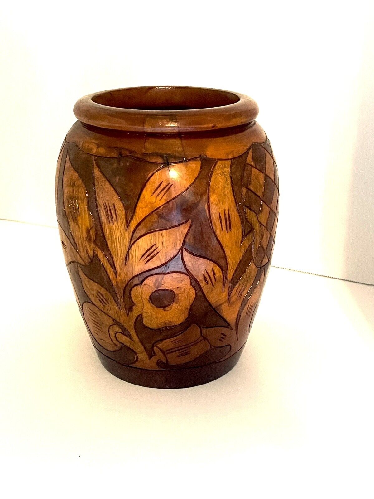 Vintage MCM Boho Hippie, Mod Pop 60s 70s Turned Wood Vase with Carved Flower 9”