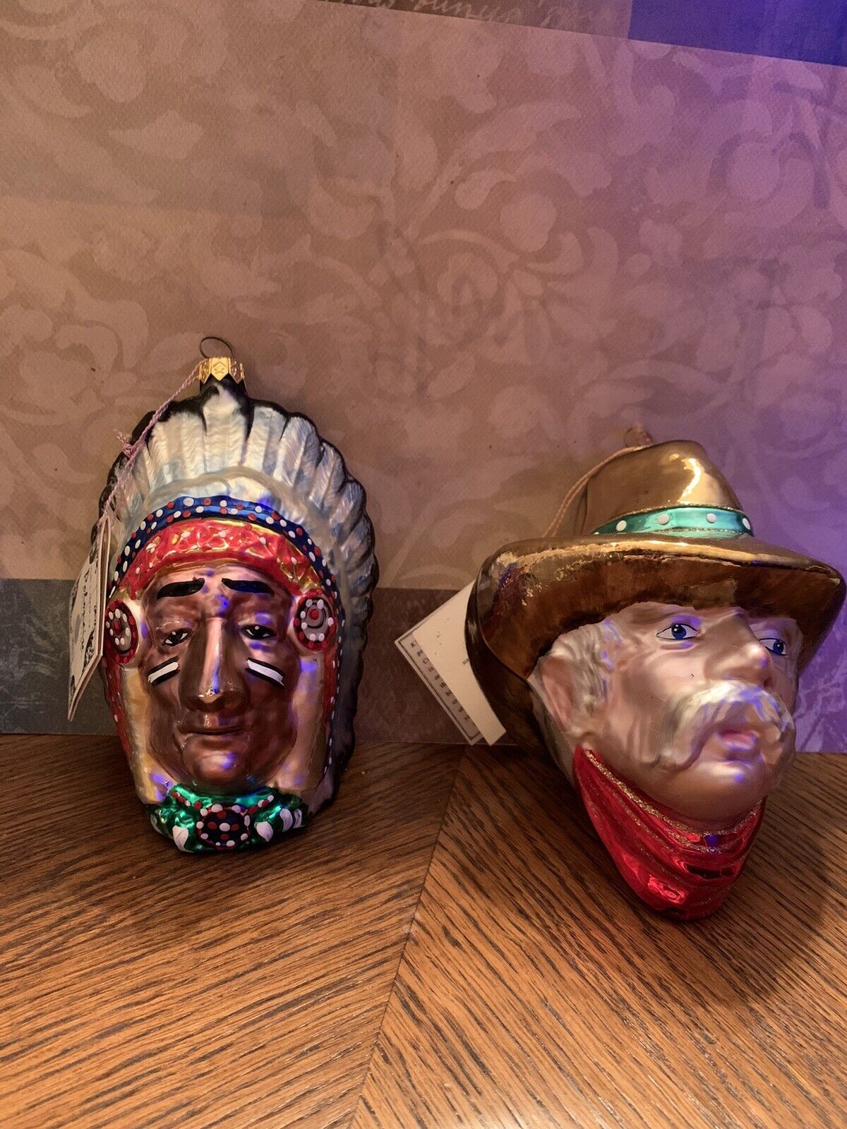 2-Polonaise Kurt Adler Native American Indian Chief & Cowboy Christmas Ornaments