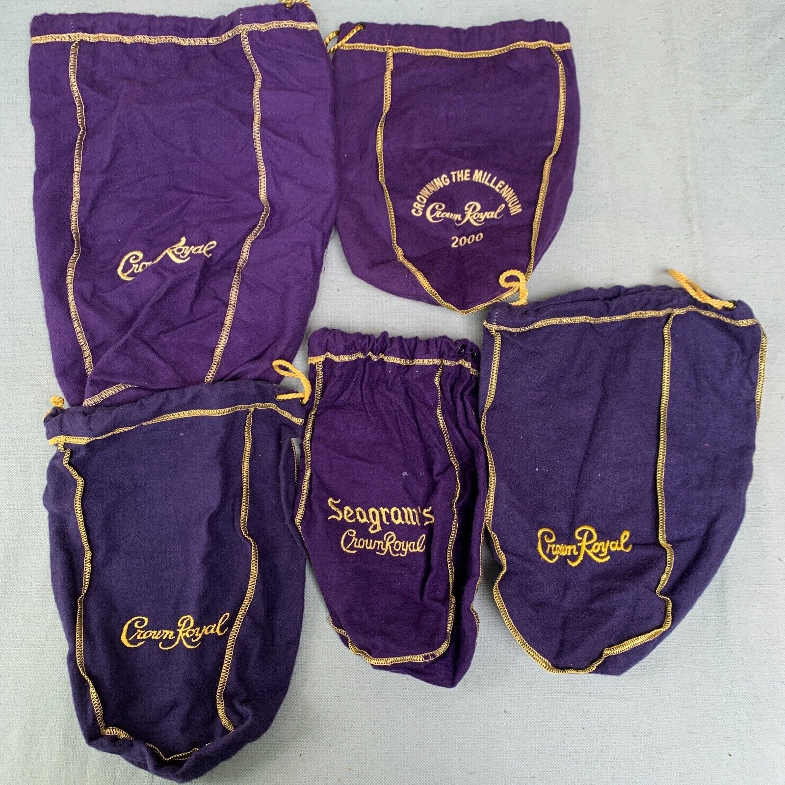 5 Crown Royal Purple Drawstring Bags 750ml & Large Stitched Logo 2000 Millennium