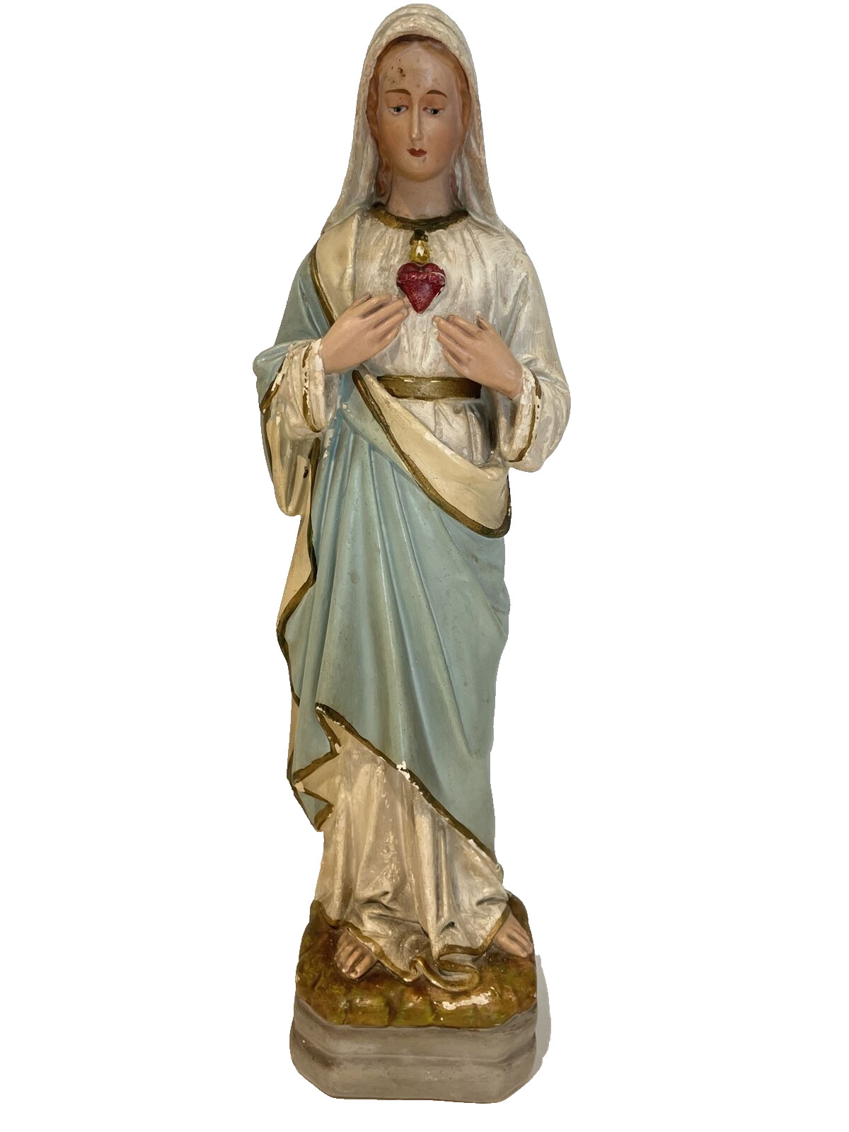 ANTIQUE PLASTER CATHOLIC STATUE - VIRGIN MARY FLAMING SACRED HEART -  18