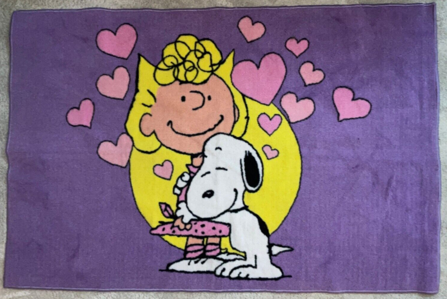 Vtg Peanuts Snoopy Sally Friendship Area Rug 58”x38” Purple Pink Hearts Hug RARE