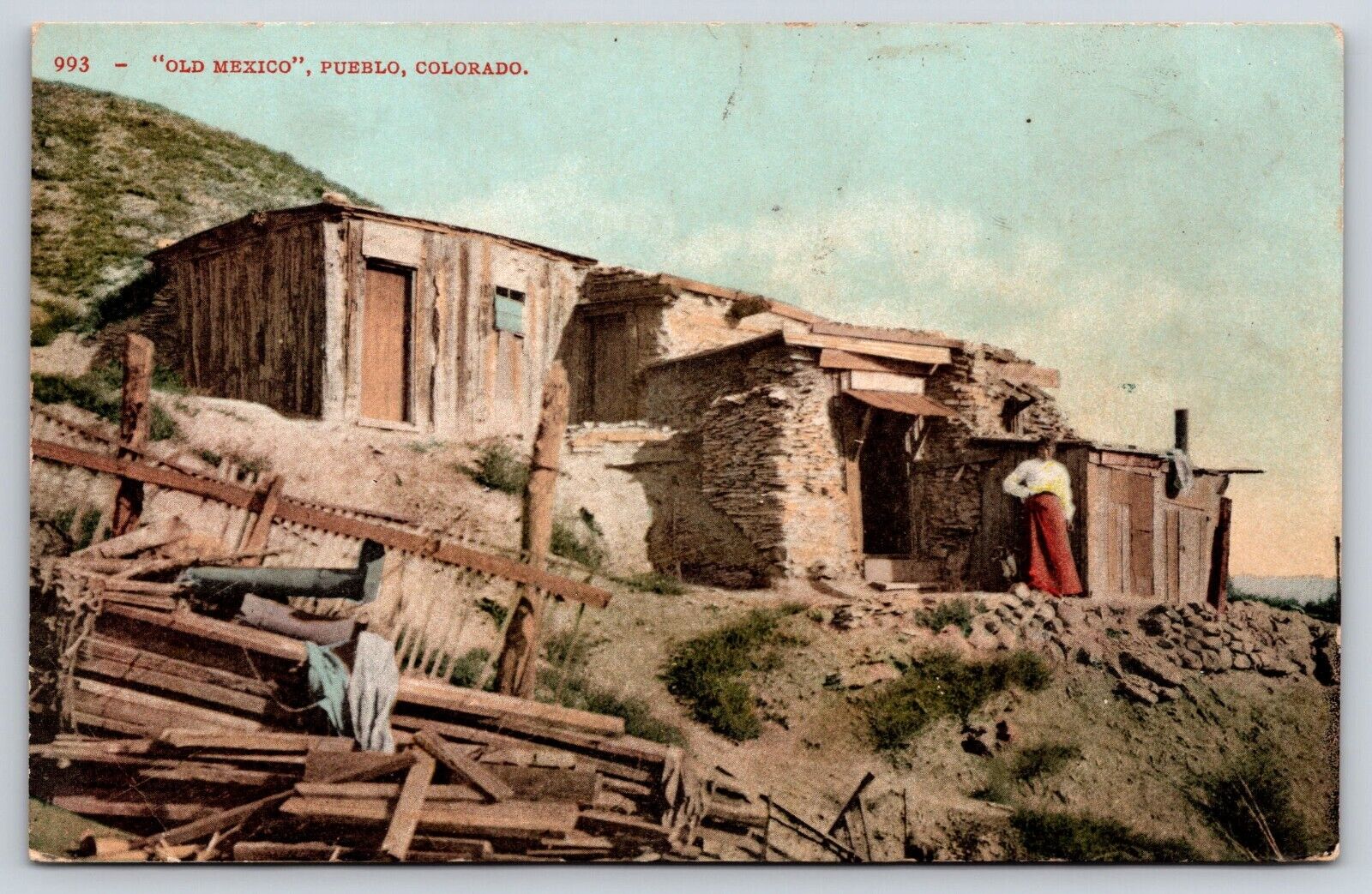 Pueblo CO-Colorado, Old Mexico, Houses, Woman, Antique, Vintage Postcard