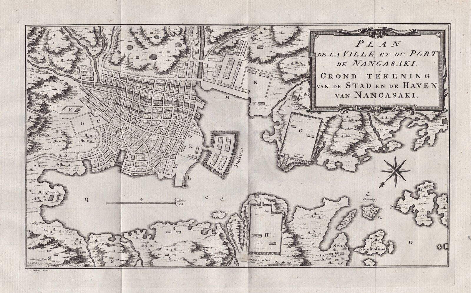 Nagasaki Japan Plan Carte Map Card Engraving Copperplate Schley 1763