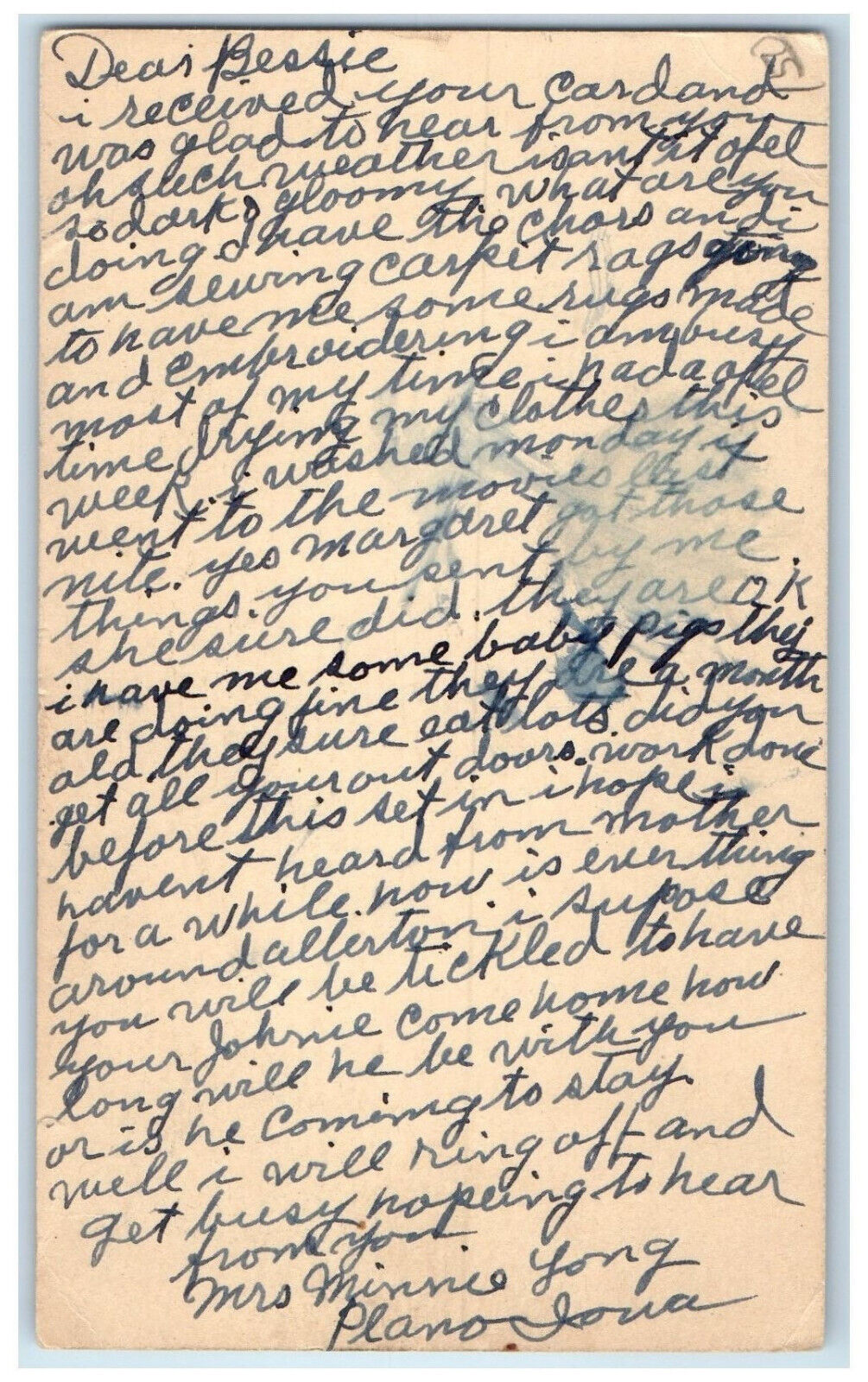 1944 Letter to Bessie Allerton Plano Iowa IA Posted Vintage Postal Card