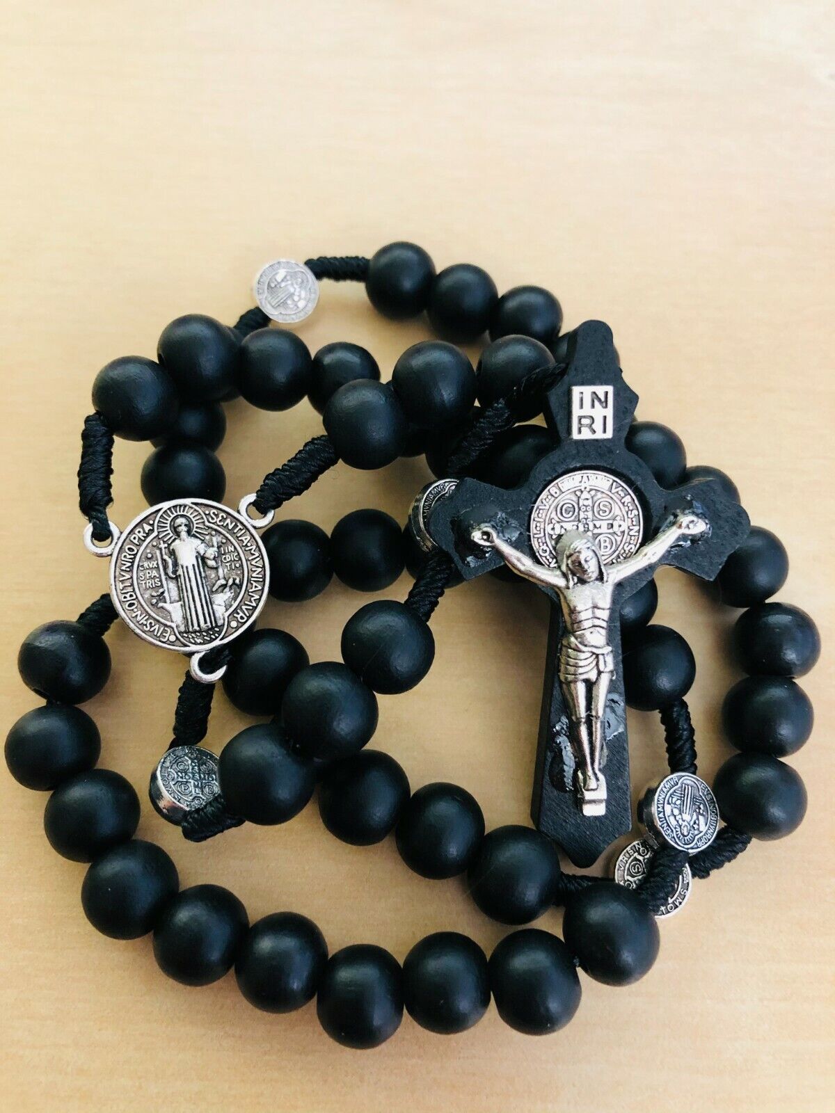 Saint St Benedict Wooden Rosary Black Wood Prayer Beads Crucifix Cross Jerusalem
