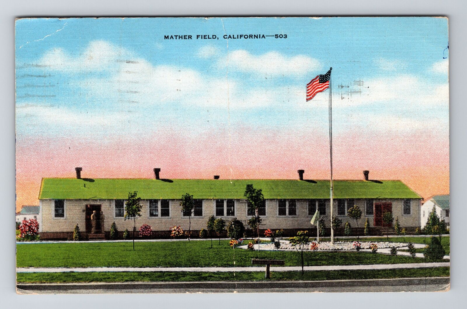 Mather Field CA-California, Exterior Building, Green Roof, Vintage Postcard