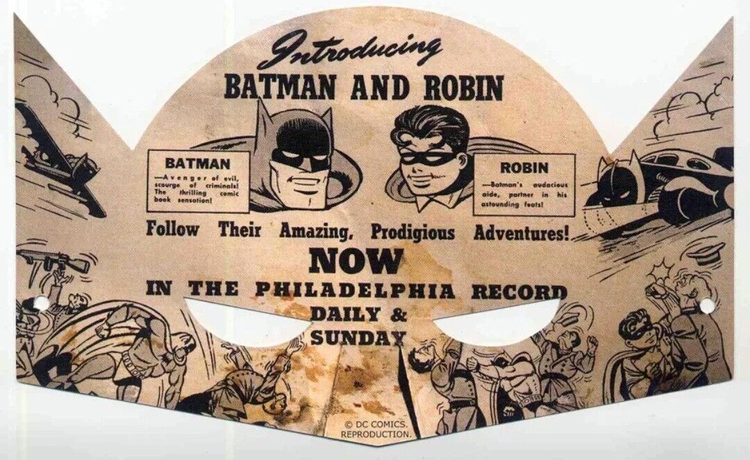 1943 BATMAN MASK PHILADELPHIA RECORD NEWSPAPER PROMO DC COMICS REPRO