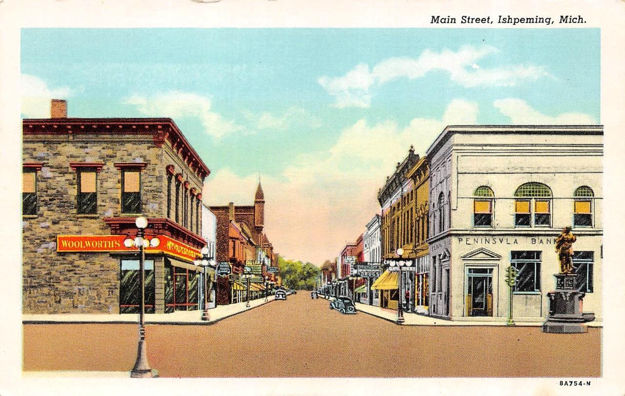Ishpeming, MI Michigan   MAIN STREET SCENE  Woolworths~Bank  ca1940\'s Postcard