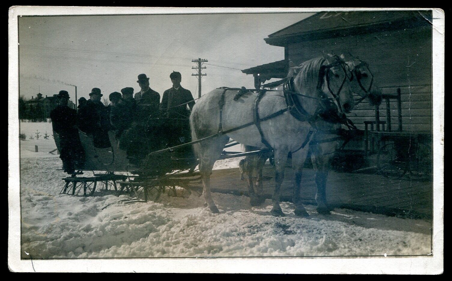 CALEDONIA SPRINGS Ontario 1912 Train Station Horse Team Sled Real Photo Postcard