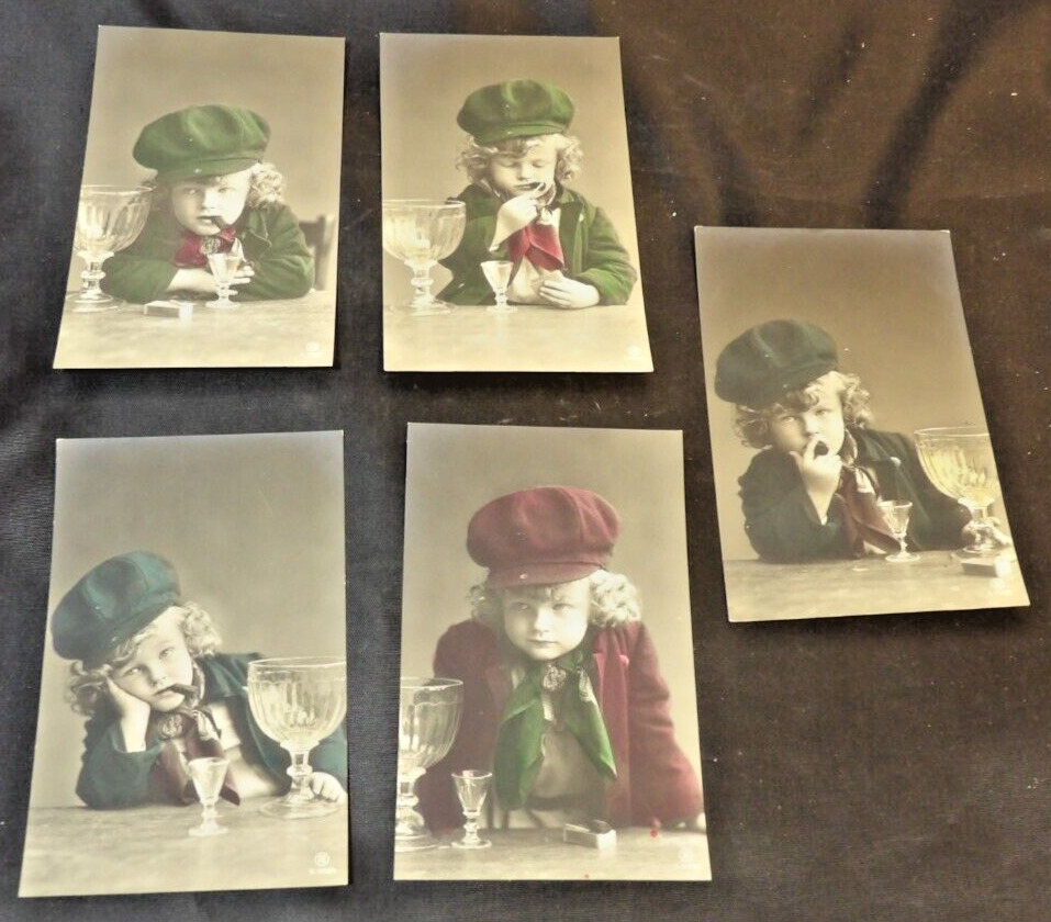 Rare French RPPC Hand Painted Postcard Set-Little Boy Drinking and Smoking a Cig