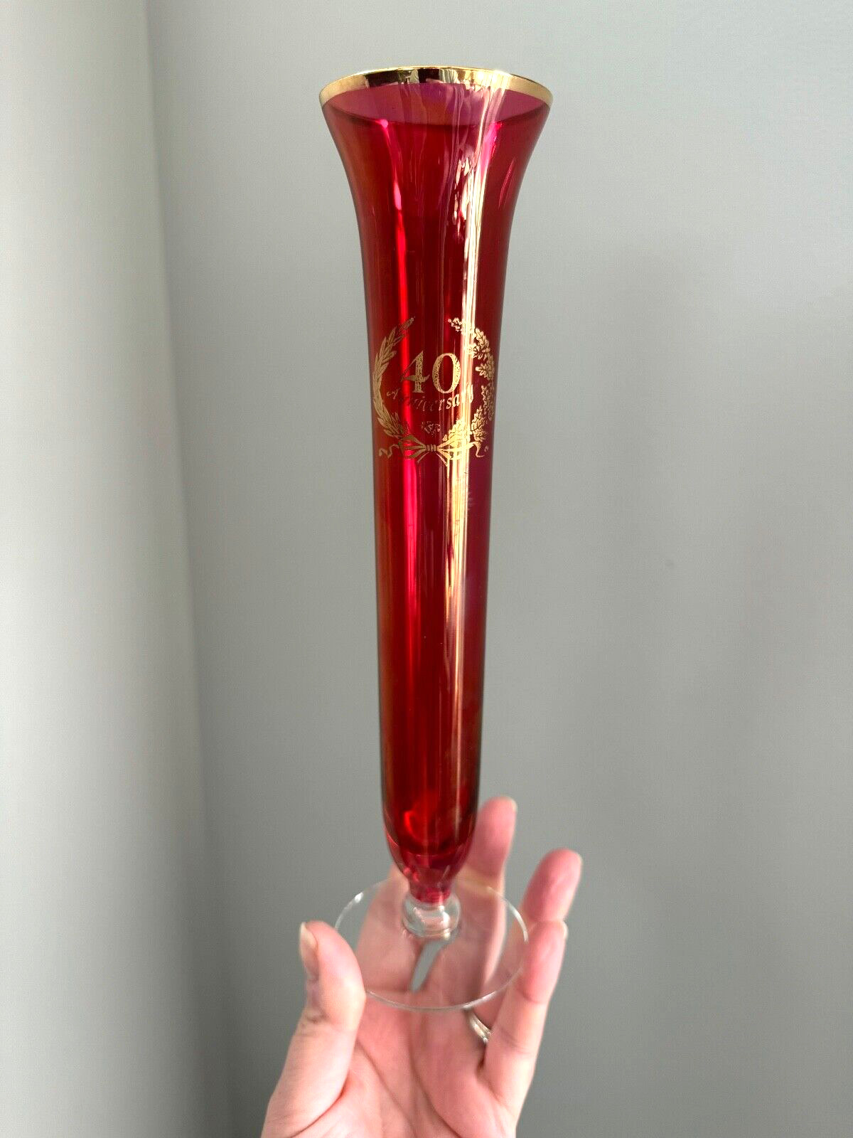 Viking Ruby Red Glass Vintage Vase Vessel 40th Anniversary Wedding Gold Rim