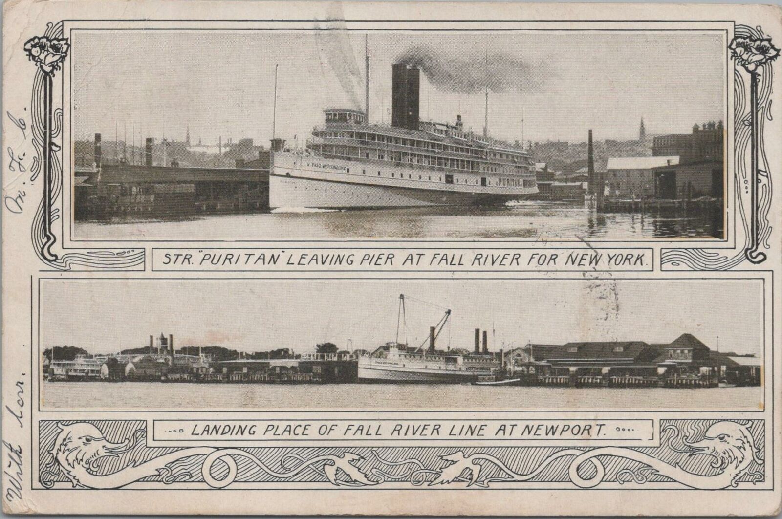 Postcard Ship Steamer Puritan Leaving Pier Fall River NY Arrive Newport