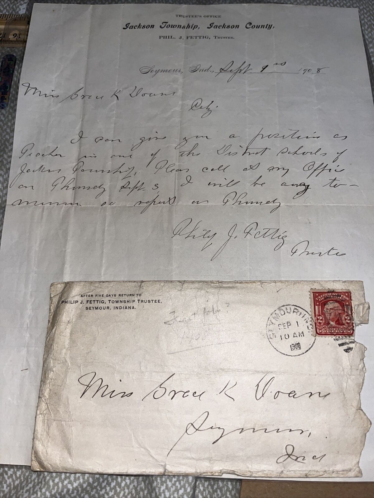 1908 Letter from Trustee Jackson Township County Indiana IN, Offers Teaching Job