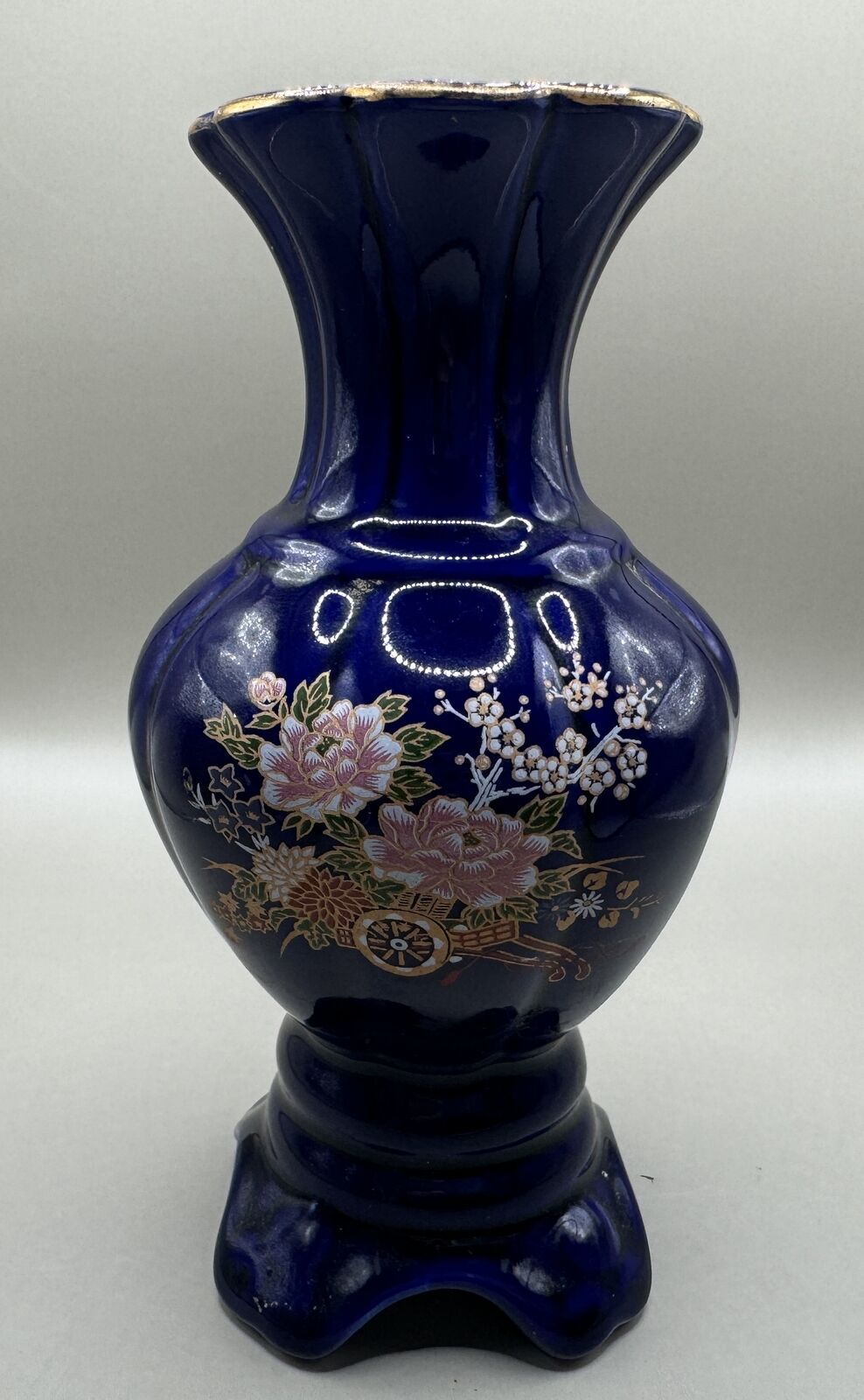 Le Petit Home Italy  Vase, Dark Blue Ceramic with Gold and Floral Accents