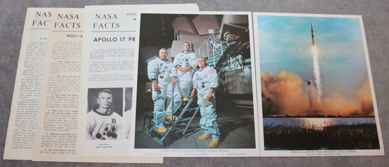 VINTAGE 1968-1972 NASA APOLLO FACT SHEETS & COLOR PRINTS
