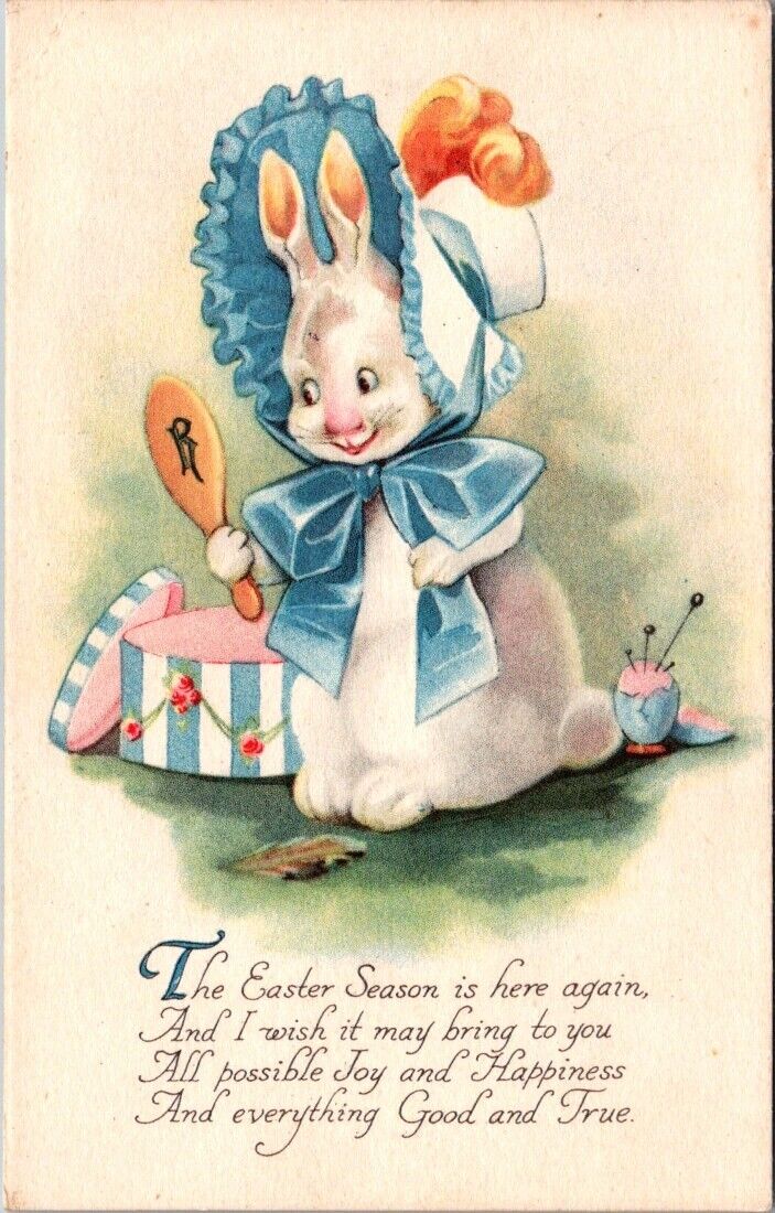 Easter Anthropomorphic Dressed Rabbit Looking In Hand Mirror c1920s postcard DQ3