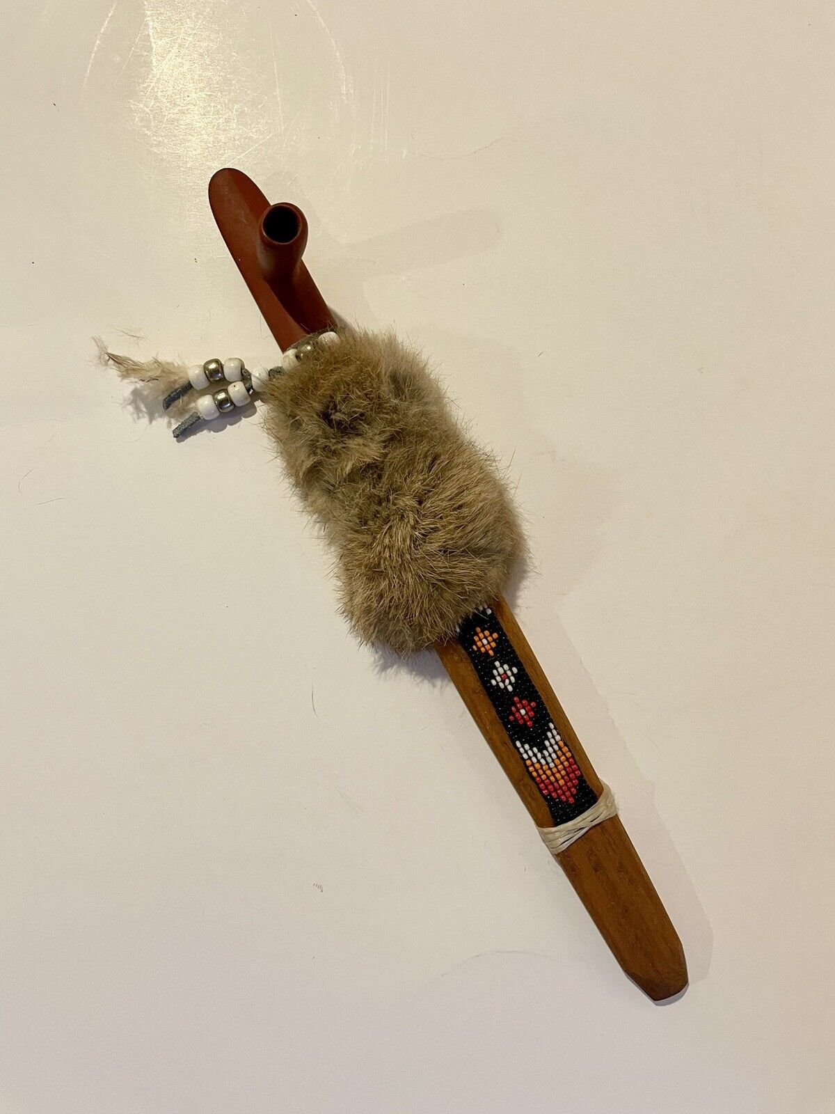 Vintage Native American Ceremonial Peace Pipe about 13”+ Long Fur Beaded