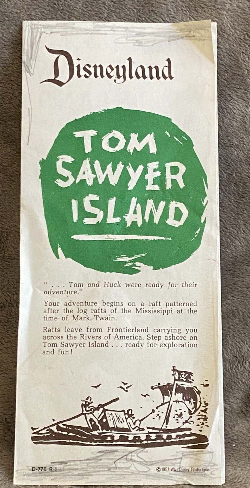 Vintage Disneyland Tom Sawyer Island Tri-Fold Brochure with Map Worn Used 1957
